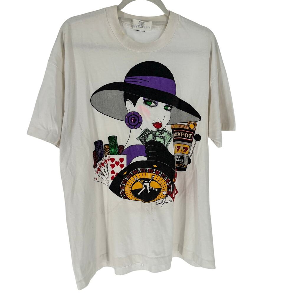 Vintage 80s Carol Joseph Face It Casino Bedazzled Crew Adult Fits XL White